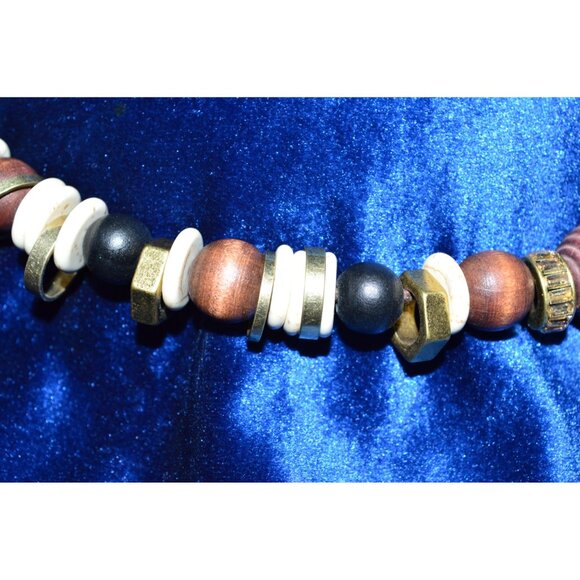 Neutral Tone Beaded Leather Cord Necklace Bronze Boho Gypsy Jewelry - Picture 3 of 5